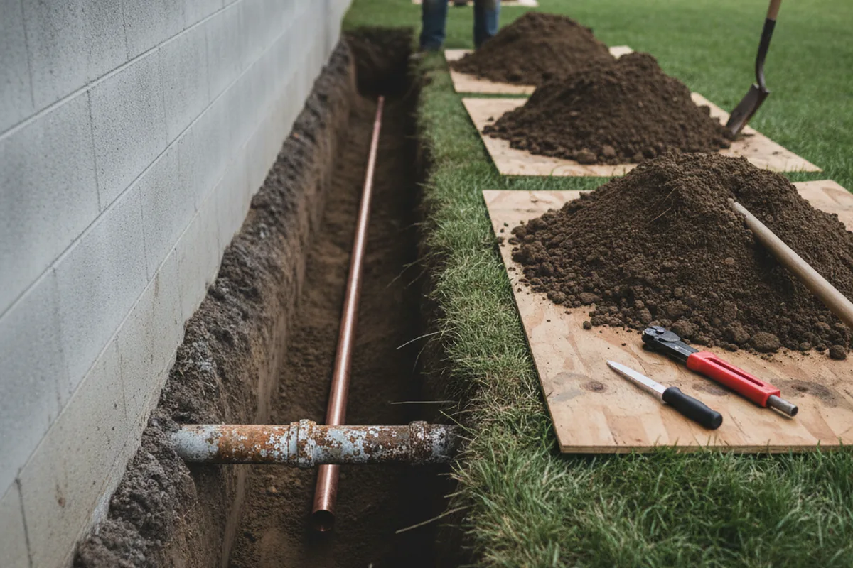 Excavated water line trench during Sewer Line Repair in Crandall